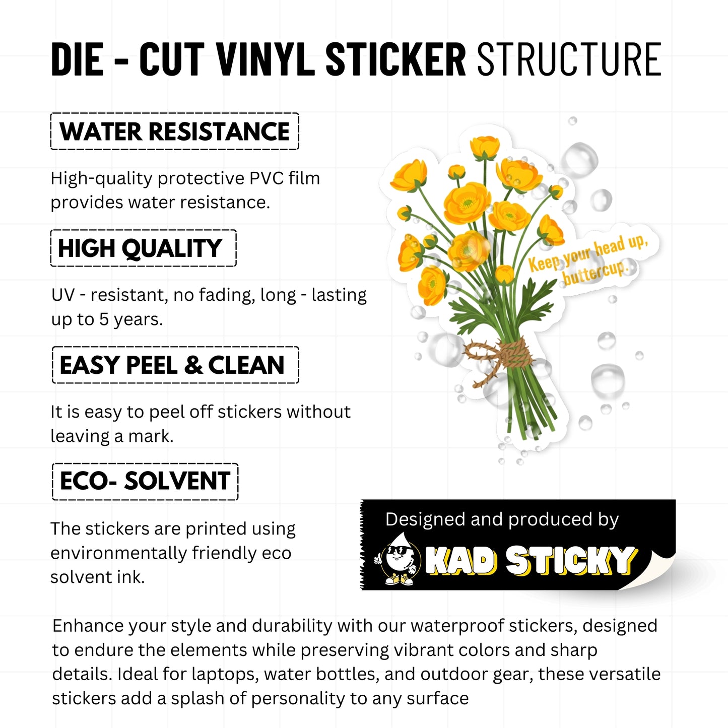 Keep Your Head Up Buttercup Positivity Sticker - Floral Decor