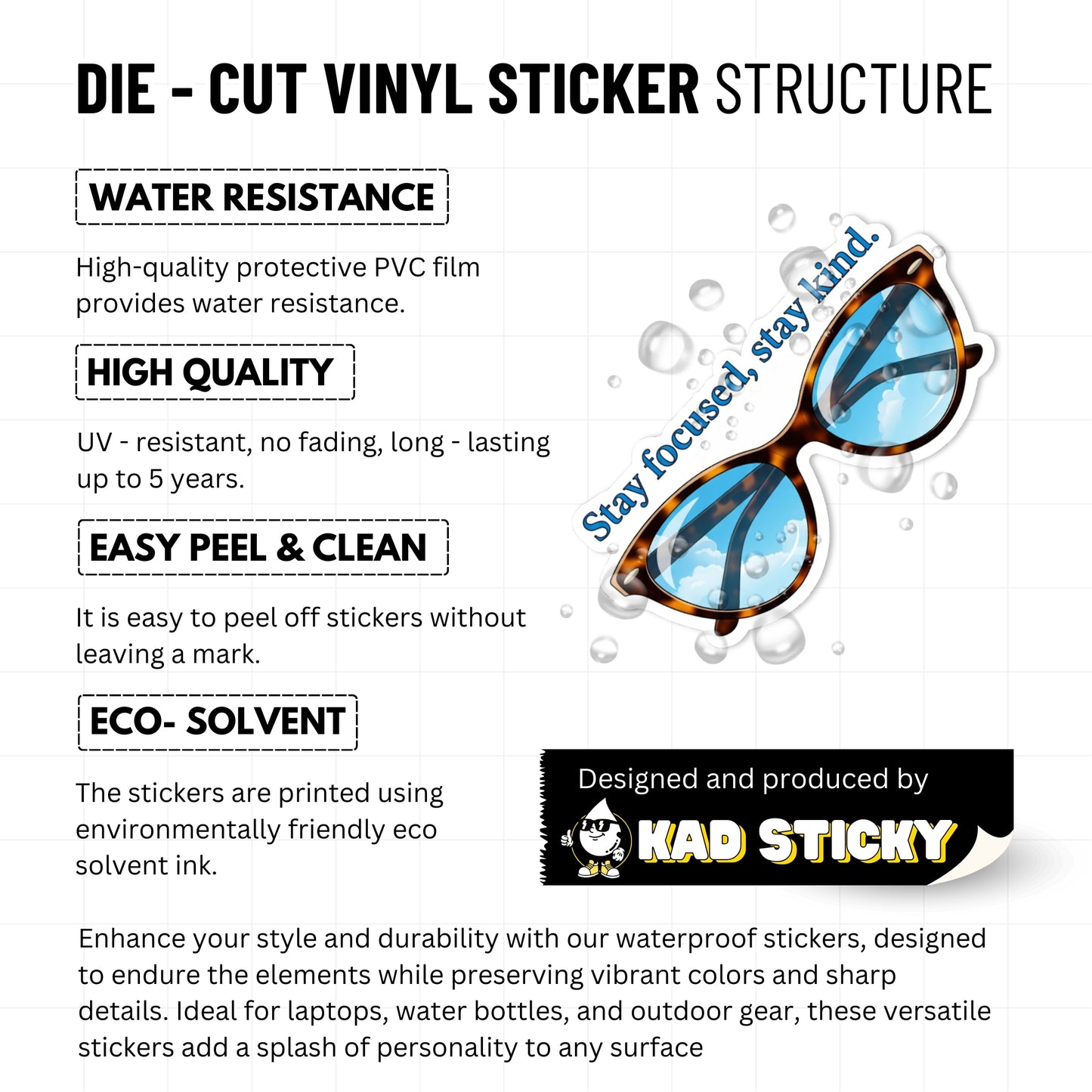 Inspirational Quote Sticker Stay Focused Stay Kind Retro Glasses