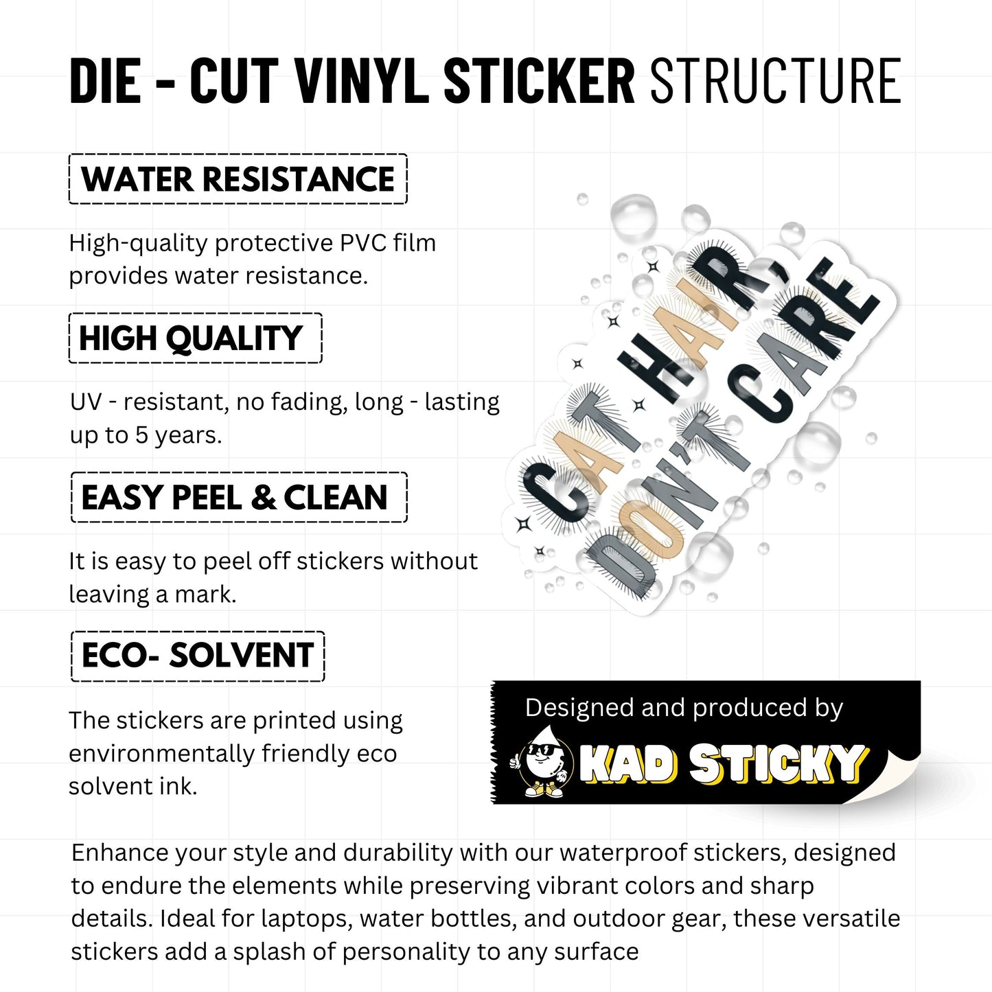 Cat Hair Don’t Care Funny Cat Sticker - Minimalist Vinyl Decal