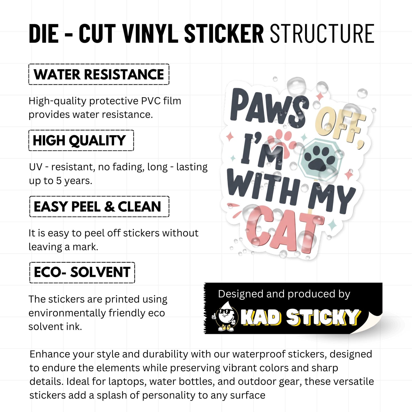 Paws Off I’m With My Cat Funny Cat Sticker for Water Bottles