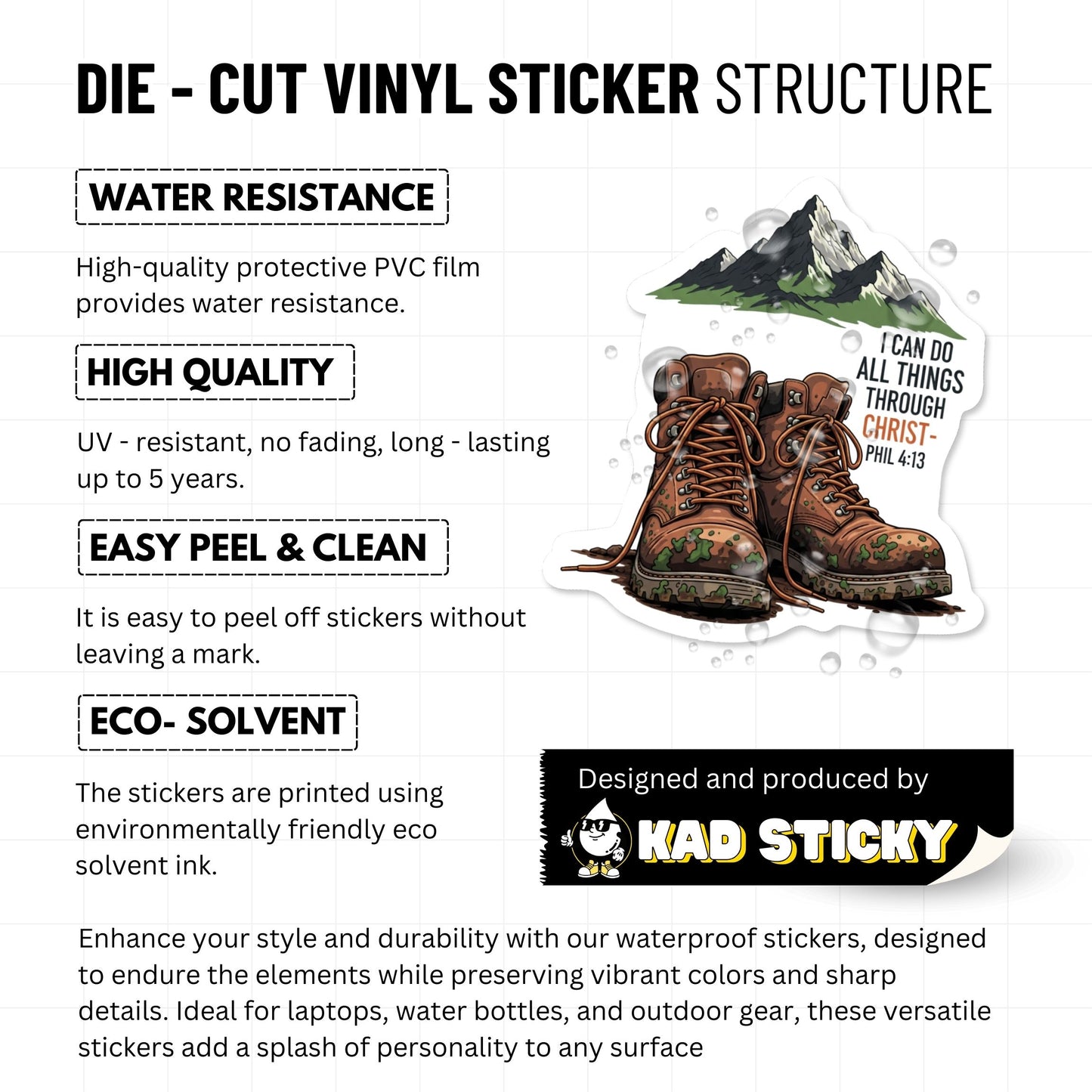 Philippians 4:13 Christian Faith Sticker - Retro Hiking Boot Decal