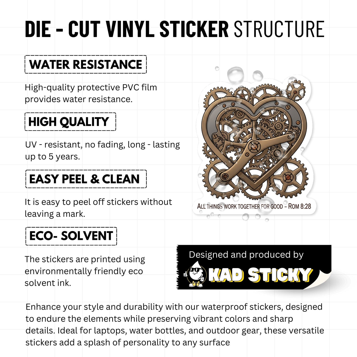 Romans 8 28 Sticker - Vintage Interlocking Heart Gears Faith Vinyl