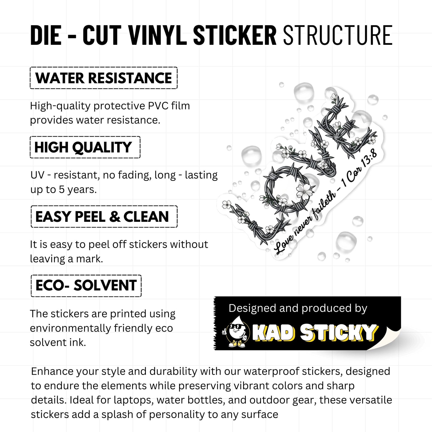 1 Corinthians 13:8 Christian Sticker - Love Never Fails Edgy Floral