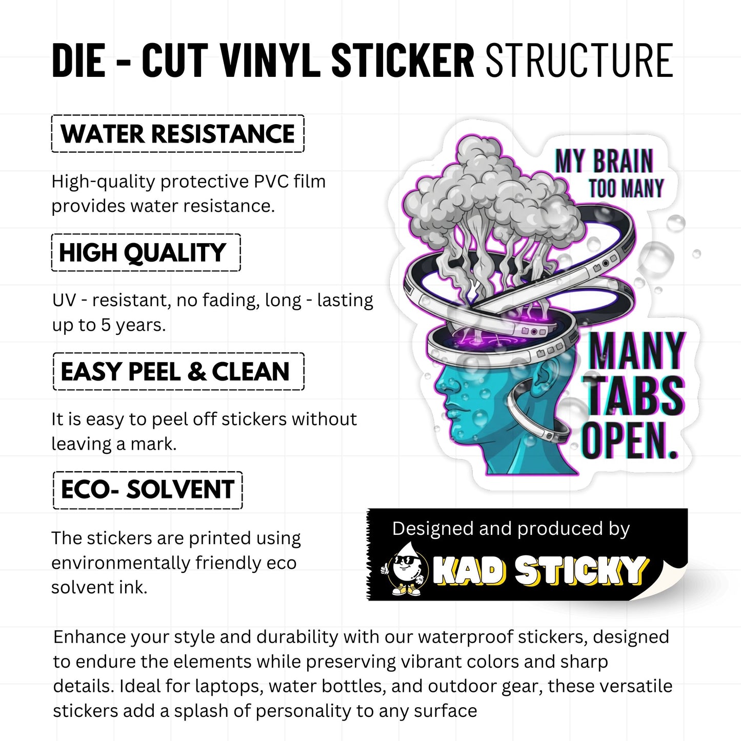 Funny Office Sticker - My Brain Has Too Many Tabs Open Decal