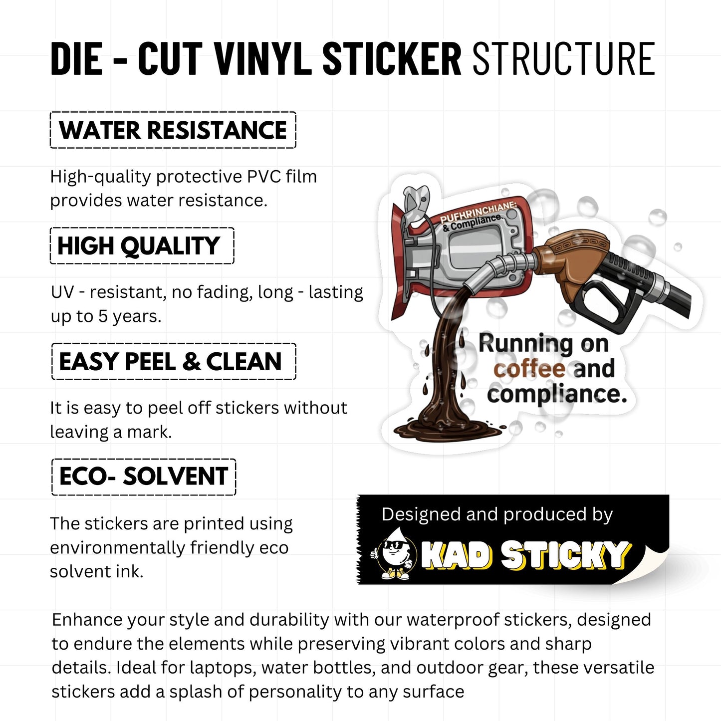 Funny Office Sticker - Running on Coffee and Compliance Vinyl