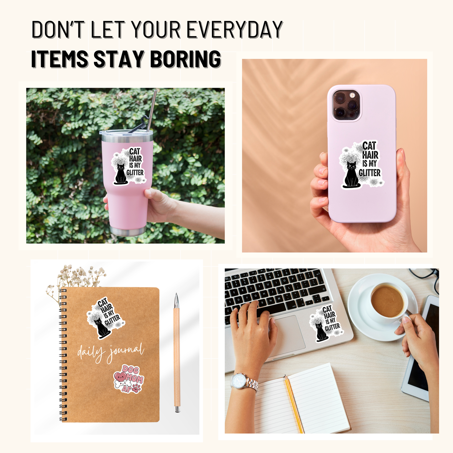3PCs Cat Hair Glitter Sticker | Funny Cat Mom Gift | Vinyl Decal