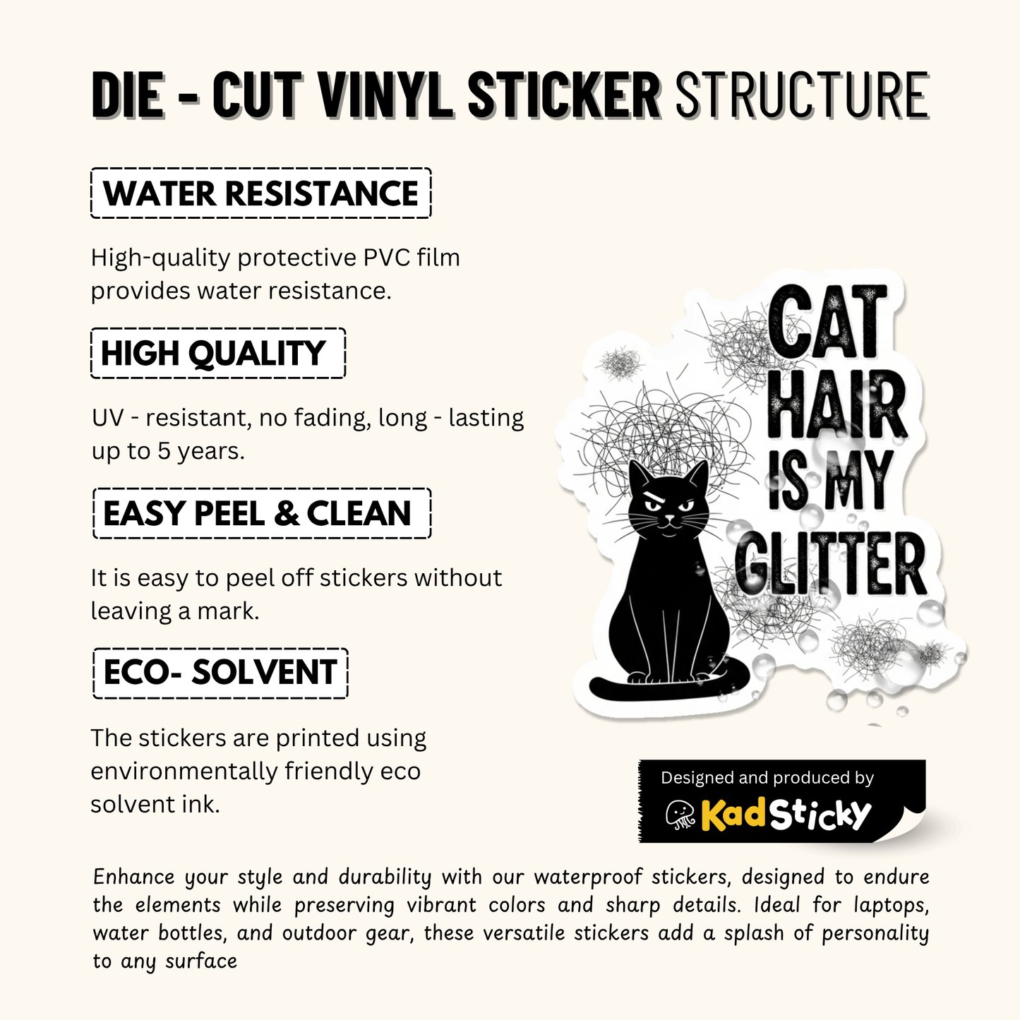 3PCs Cat Hair Glitter Sticker | Funny Cat Mom Gift | Vinyl Decal