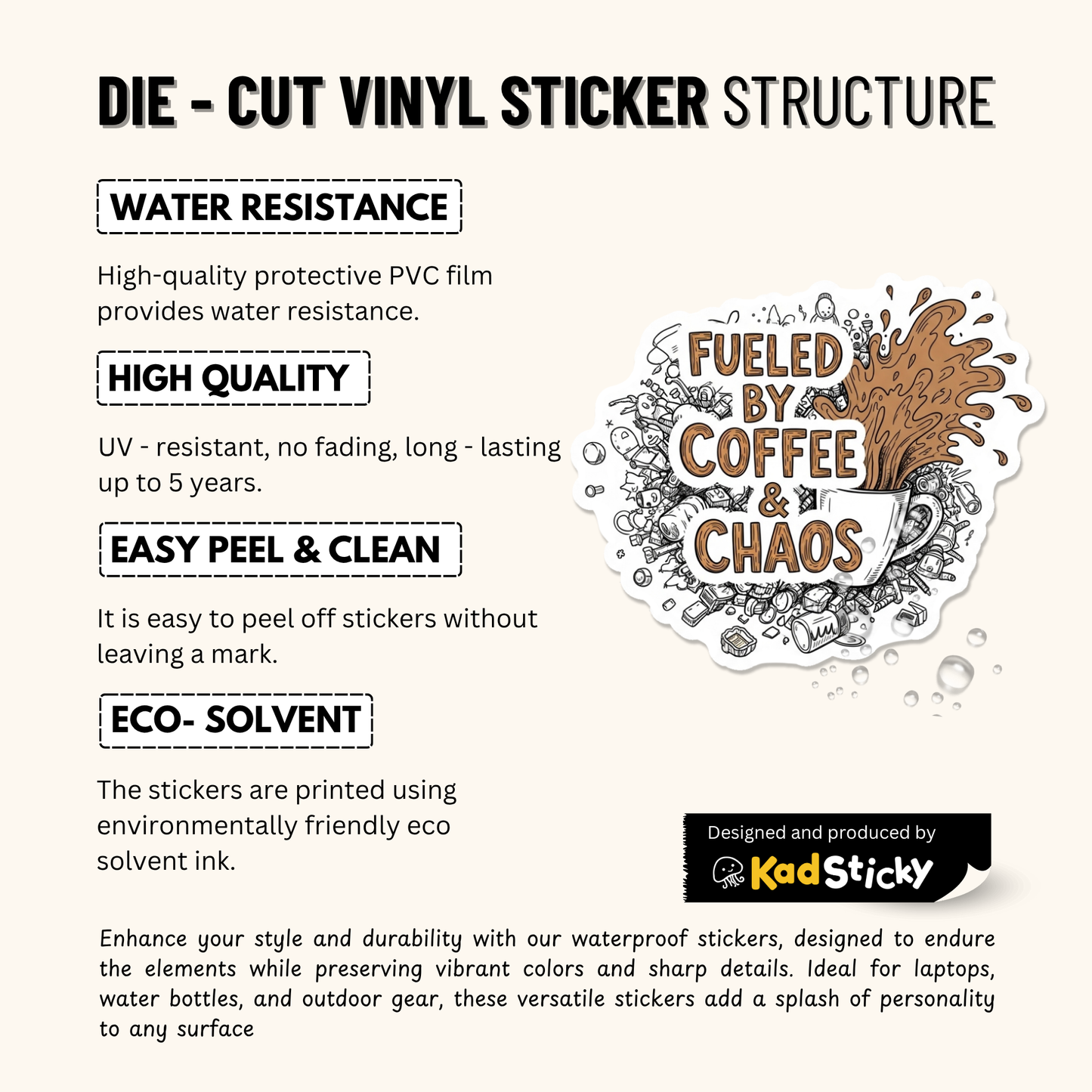 3PCs Fueled by Coffee Chaos Sticker for Moms Funny Retro Vinyl Decal