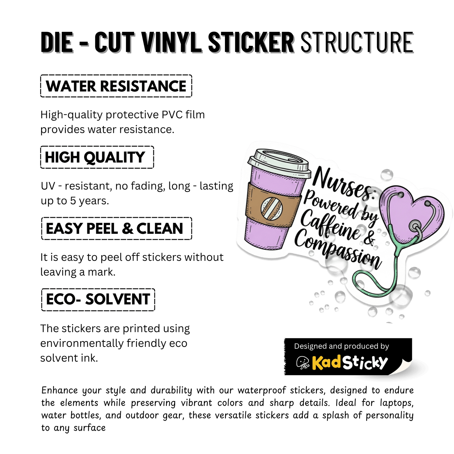 3PCs Caffeine & Compassion Nurse Sticker | Cute Vinyl Decal for Laptop