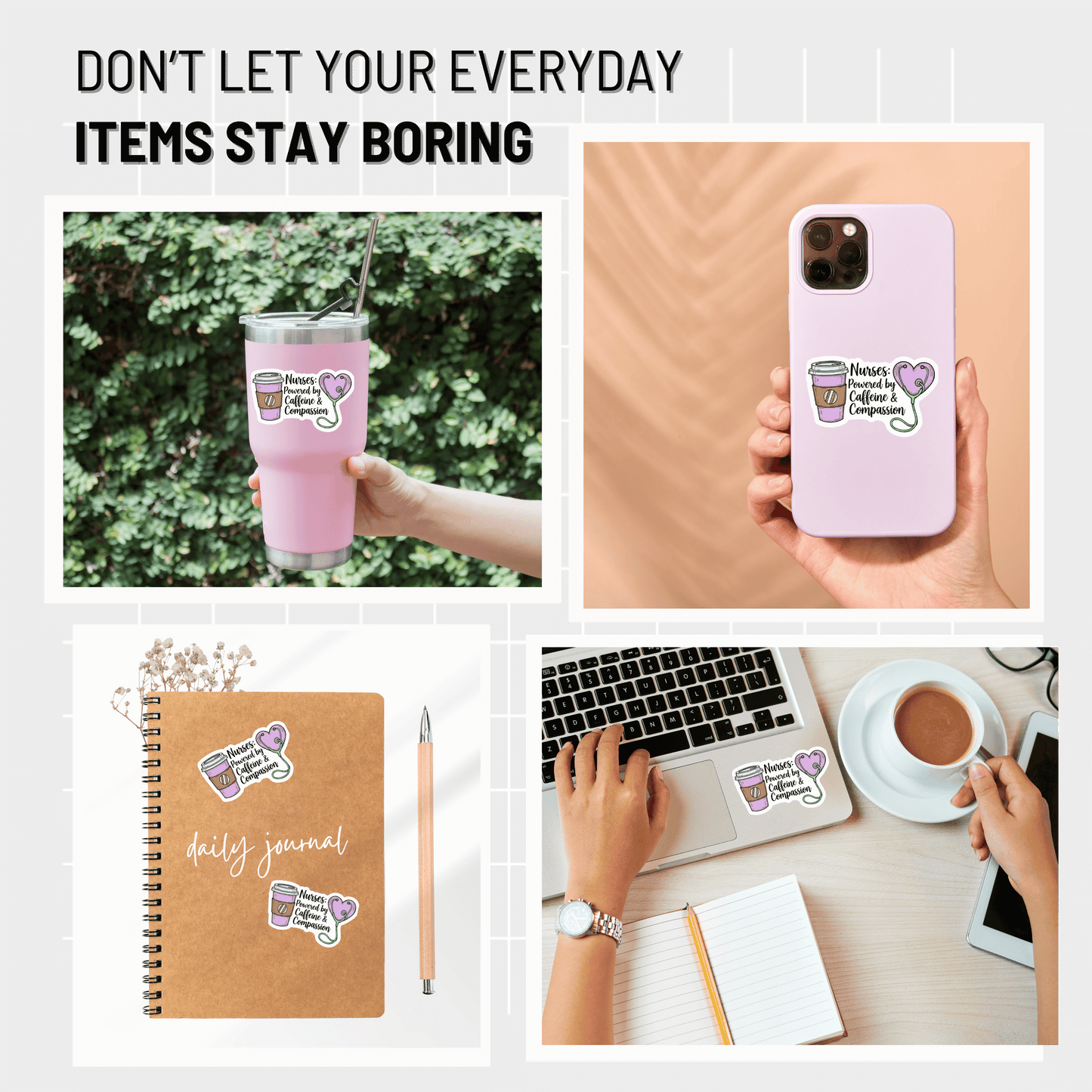 3PCs Caffeine & Compassion Nurse Sticker | Cute Vinyl Decal for Laptop