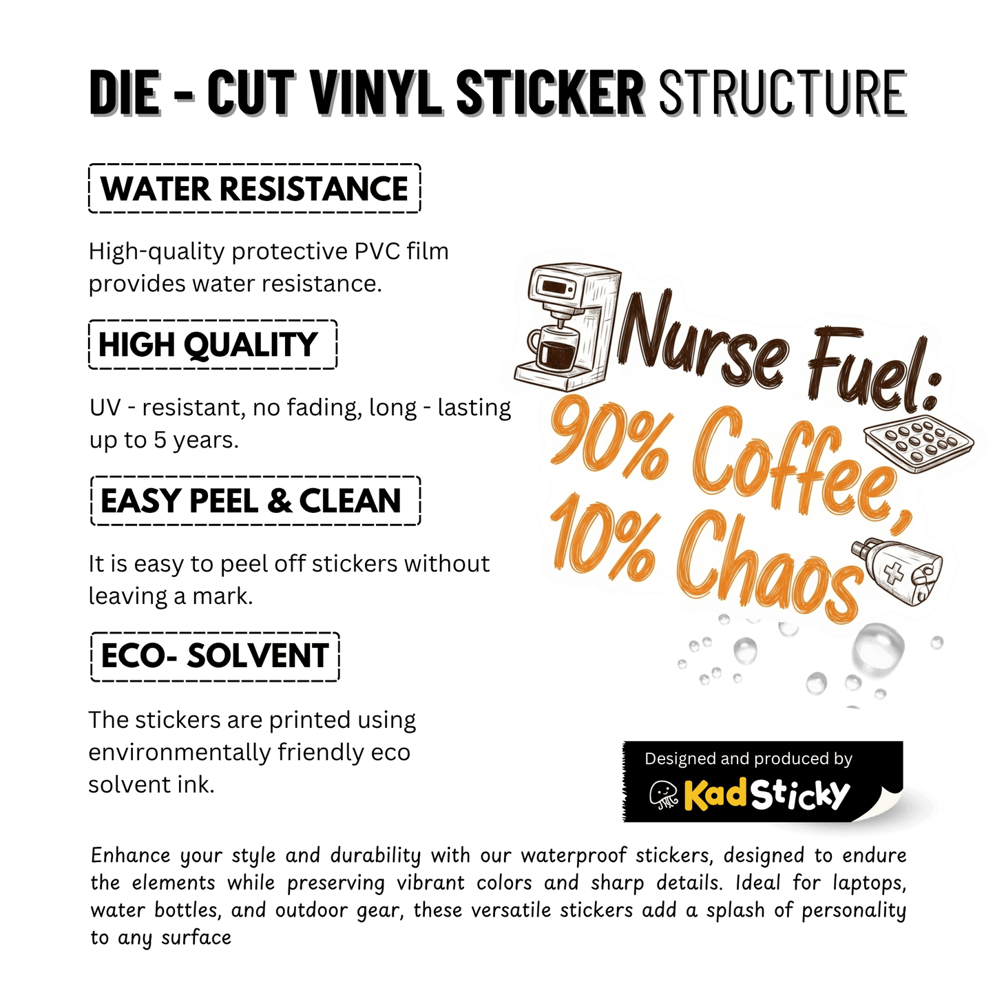 3PCs Funny Nurse Fuel Coffee Chaos Vinyl Sticker for RNs and Med Staff