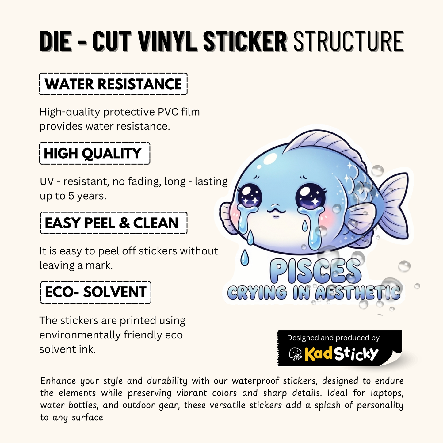 3PCs Pisces Crying Aesthetic Sticker | Cute Emo Zodiac Vinyl Decal