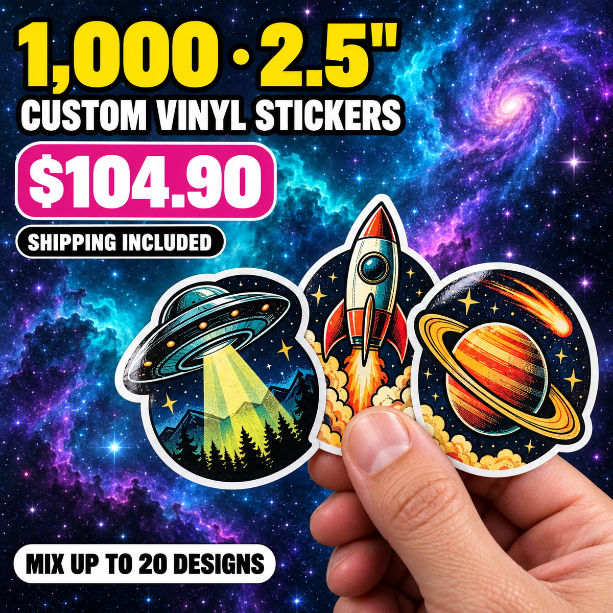 1,000 custom 2.5 inch die-cut vinyl stickers — $104.90 with US shipping included