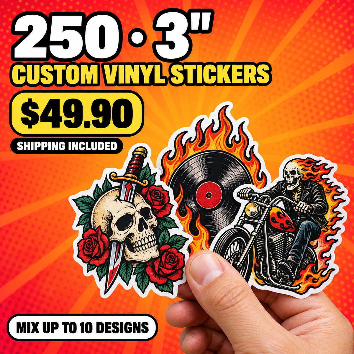 250 custom 3 inch die-cut vinyl stickers — $49.90 with US shipping included