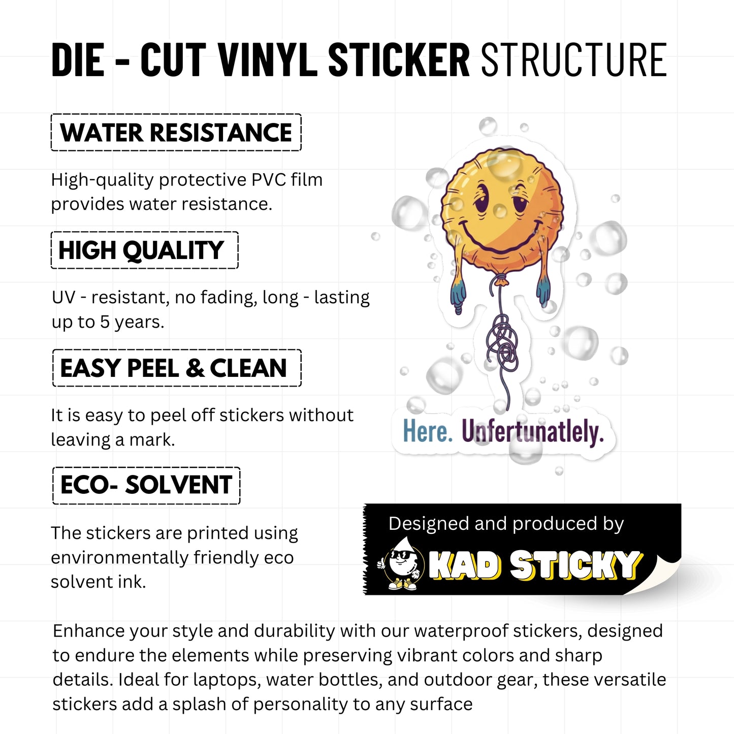 Sarcastic Vinyl Sticker - Here. Unfortunately. Deflated Balloon