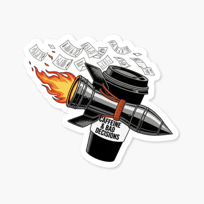 Sarcastic Coffee Sticker - Caffeine & Bad Decisions Edgy Vinyl Decal