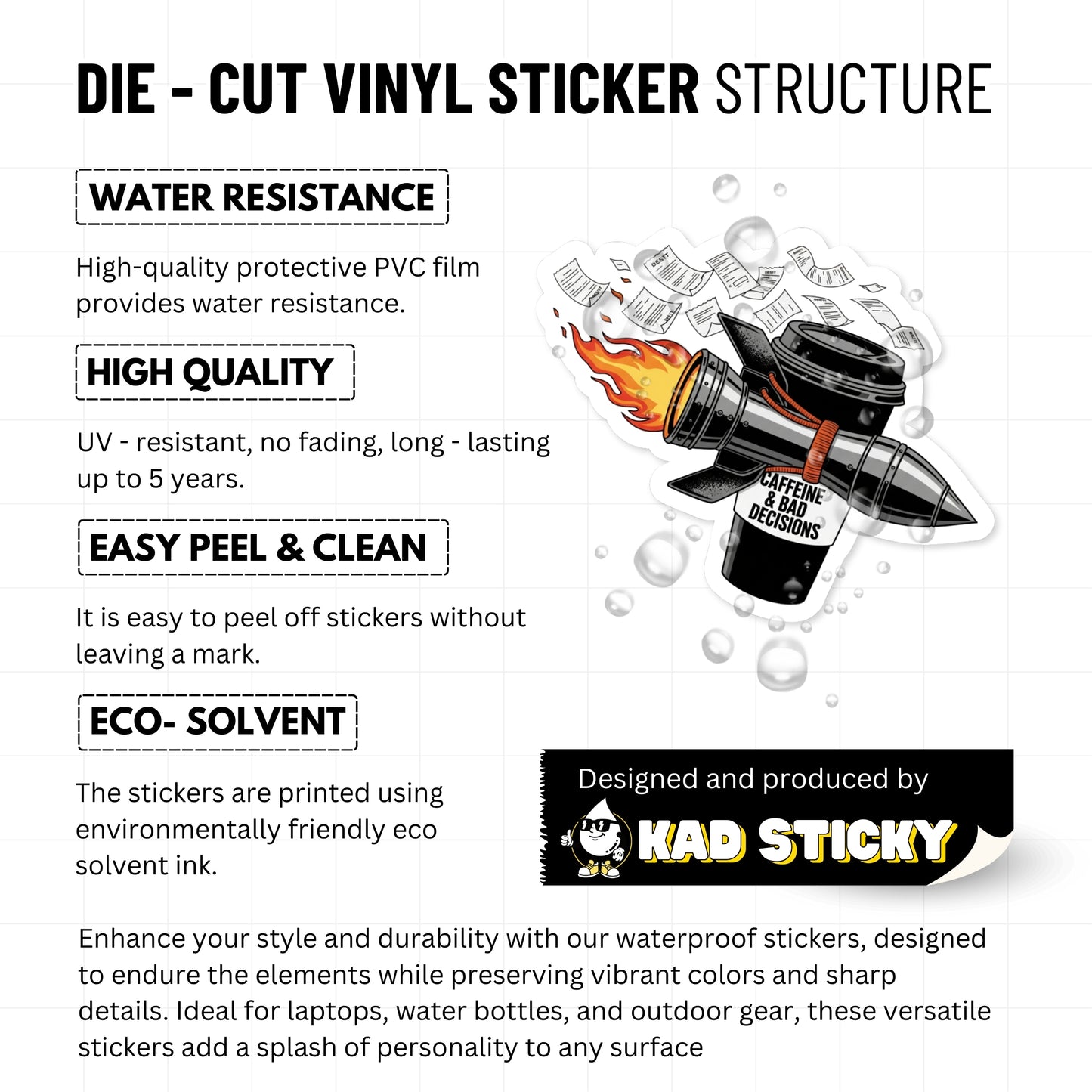 Sarcastic Coffee Sticker - Caffeine & Bad Decisions Edgy Vinyl Decal