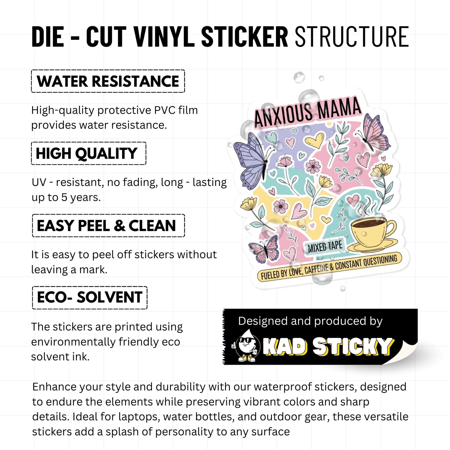 Anxious Mama Sticker - Fueled by Caffeine & Love Doodle Decal