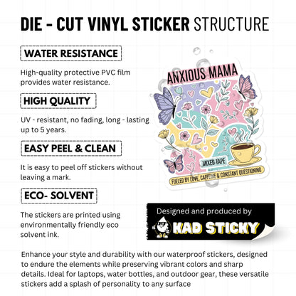 Anxious Mama Sticker - Fueled by Caffeine & Love Doodle Decal