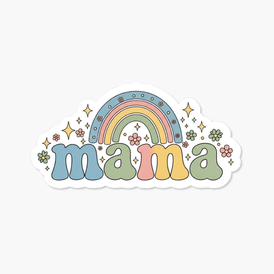Retro Mama Sticker with Pastel Rainbow and Floral Doodle