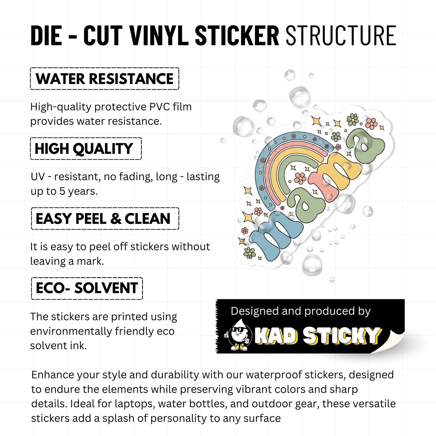 Retro Mama Sticker with Pastel Rainbow and Floral Doodle