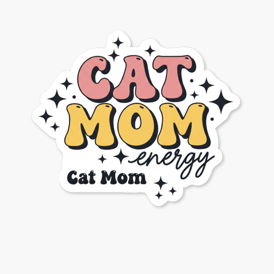 Cat Mom Energy Sticker - Groovy Retro Bubble Font
