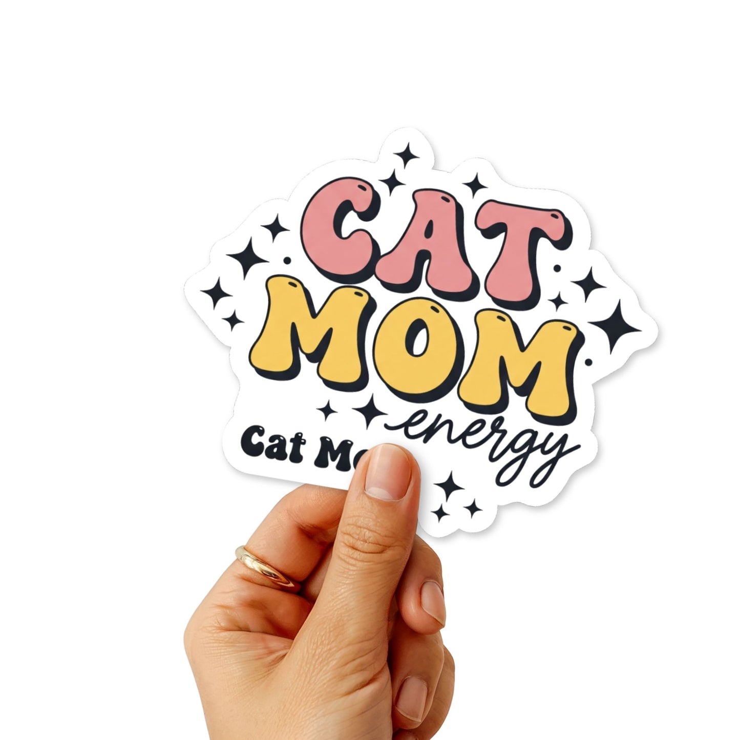 Cat Mom Energy Sticker - Groovy Retro Bubble Font