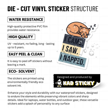 Funny Cat Sticker - I Came I Saw I Napped Sleeping Cat Decal