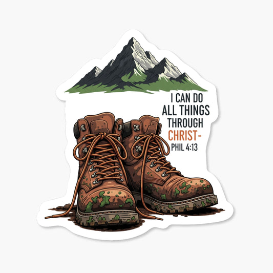 Philippians 4:13 Christian Faith Sticker - Retro Hiking Boot Decal