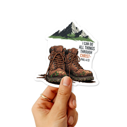 Philippians 4:13 Christian Faith Sticker - Retro Hiking Boot Decal