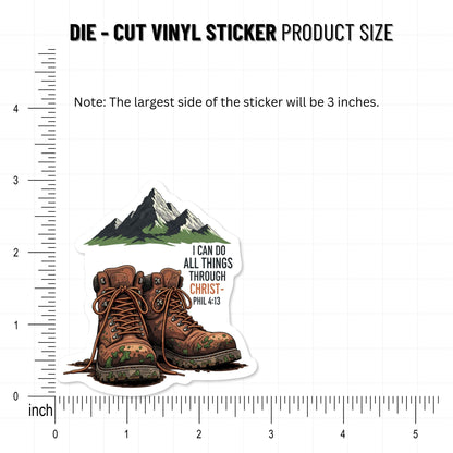 Philippians 4:13 Christian Faith Sticker - Retro Hiking Boot Decal