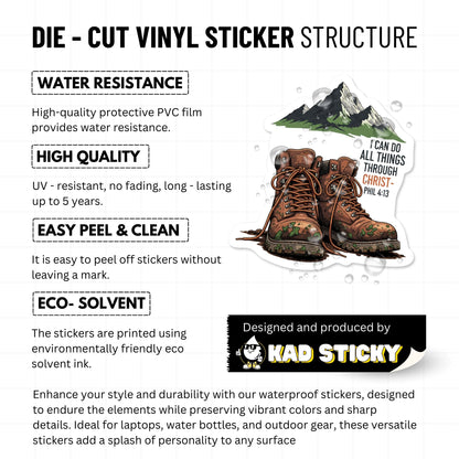 Philippians 4:13 Christian Faith Sticker - Retro Hiking Boot Decal