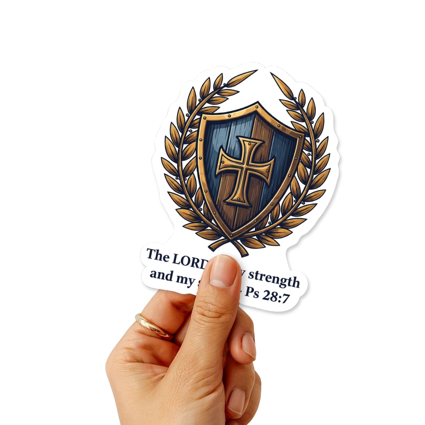 Psalm 28:7 Bible Verse Shield Sticker - Heritage Gold & Navy