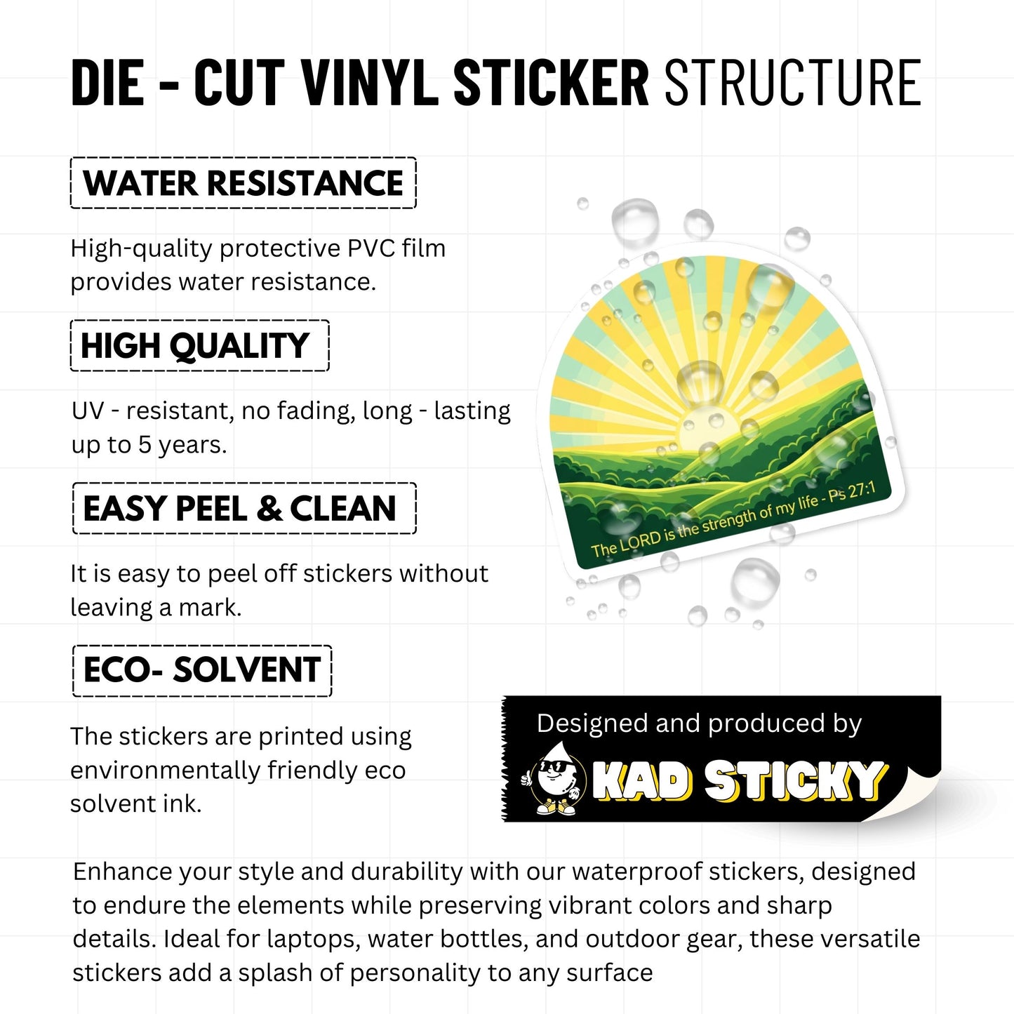 Christian Bible Verse Sticker - Psalm 27:1 Strength Sun Design