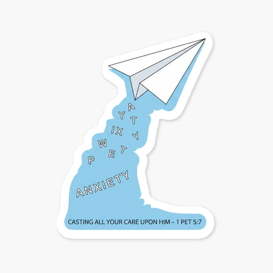 1 Peter 5:7 Bible Verse Sticker - Paper Airplane Anxiety Release