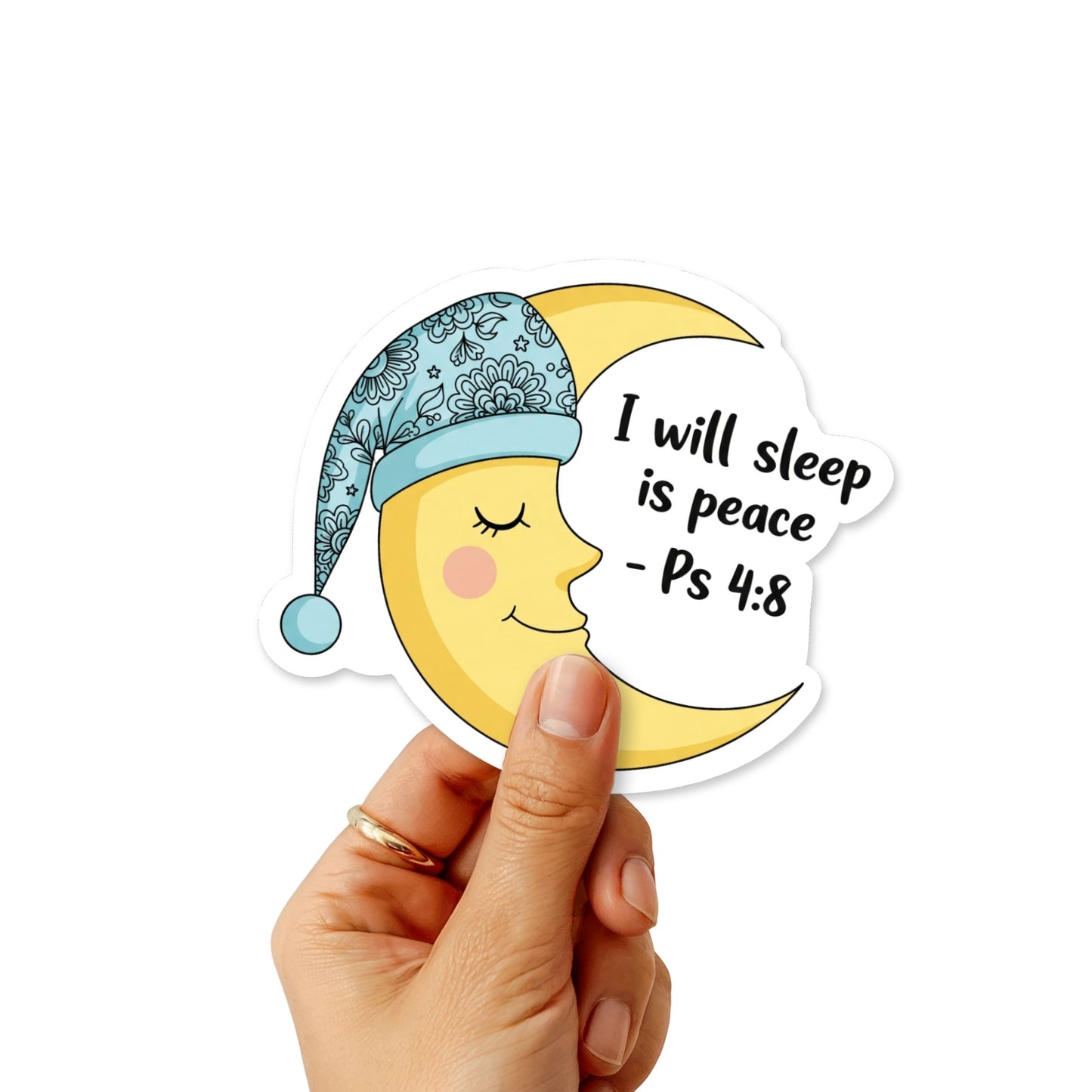 Psalm 4:8 Sticker - I Will Sleep In Peace Smiling Moon Bible Decal
