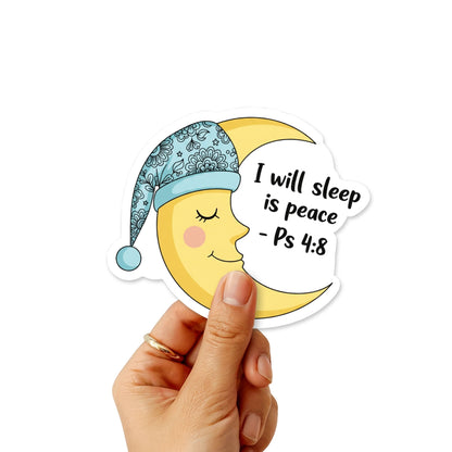 Psalm 4:8 Sticker - I Will Sleep In Peace Smiling Moon Bible Decal