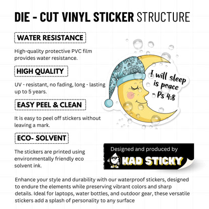 Psalm 4:8 Sticker - I Will Sleep In Peace Smiling Moon Bible Decal