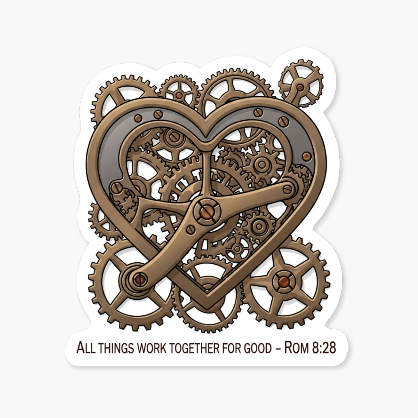 Romans 8 28 Sticker - Vintage Interlocking Heart Gears Faith Vinyl