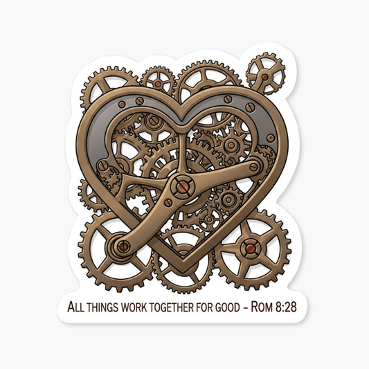 Romans 8 28 Sticker - Vintage Interlocking Heart Gears Faith Vinyl
