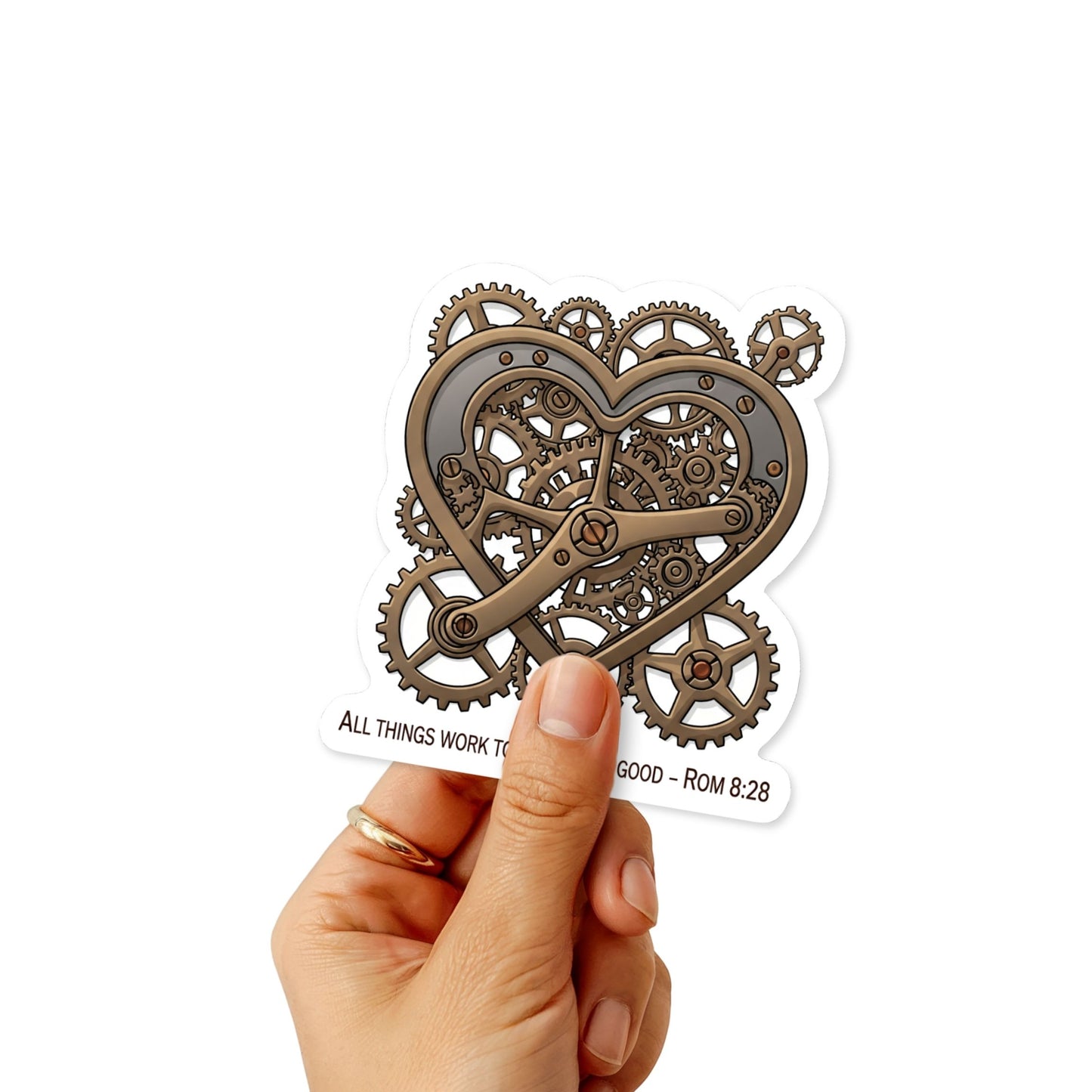 Romans 8 28 Sticker - Vintage Interlocking Heart Gears Faith Vinyl