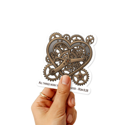 Romans 8 28 Sticker - Vintage Interlocking Heart Gears Faith Vinyl