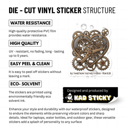 Romans 8 28 Sticker - Vintage Interlocking Heart Gears Faith Vinyl
