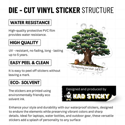Job 8:7 Bible Verse Sticker - Aesthetic Acorn and Oak Tree Design