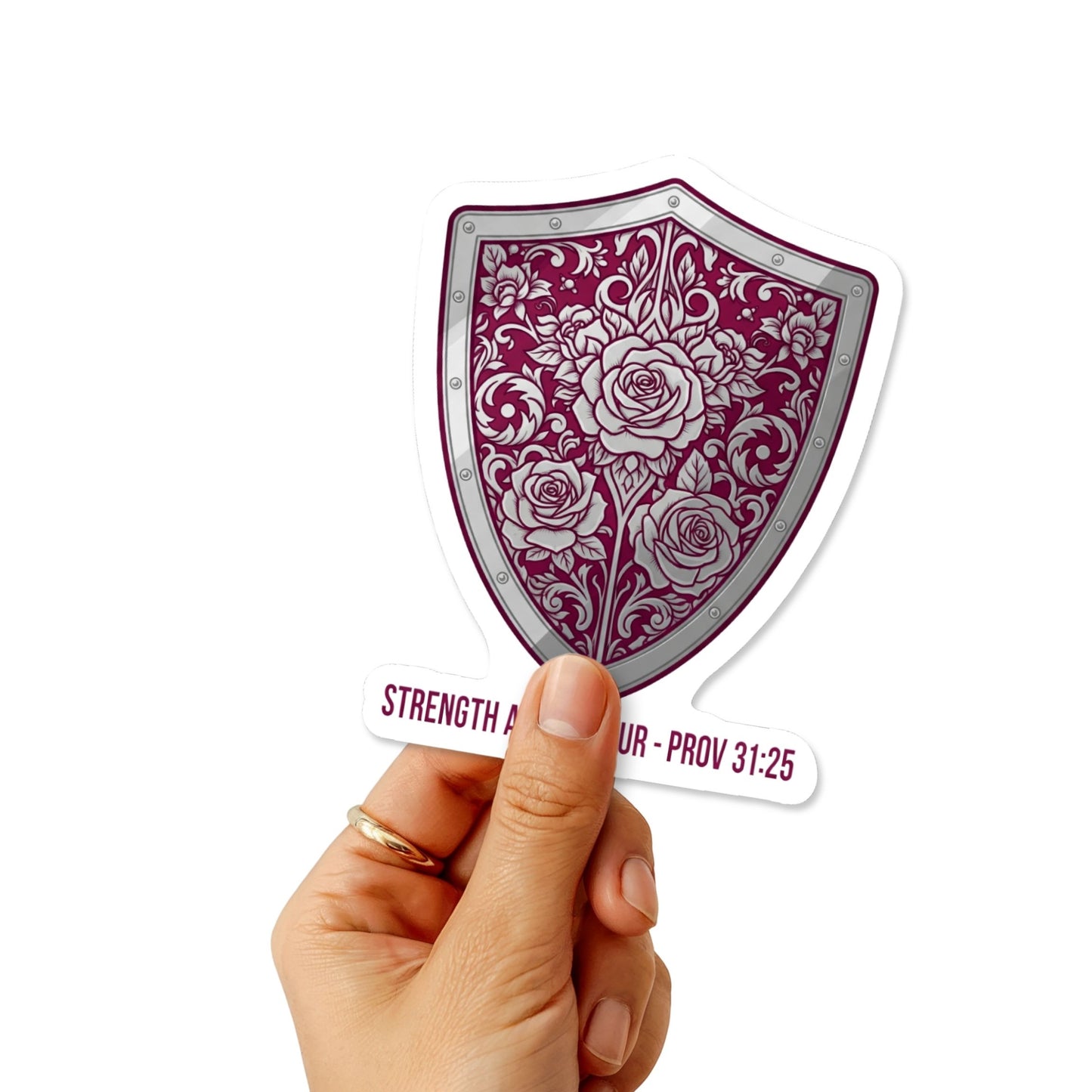 Proverbs 31 25 Sticker - Warrior Queen Shield Rose Decal