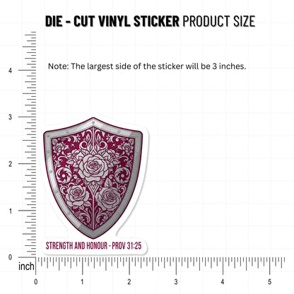 Proverbs 31 25 Sticker - Warrior Queen Shield Rose Decal