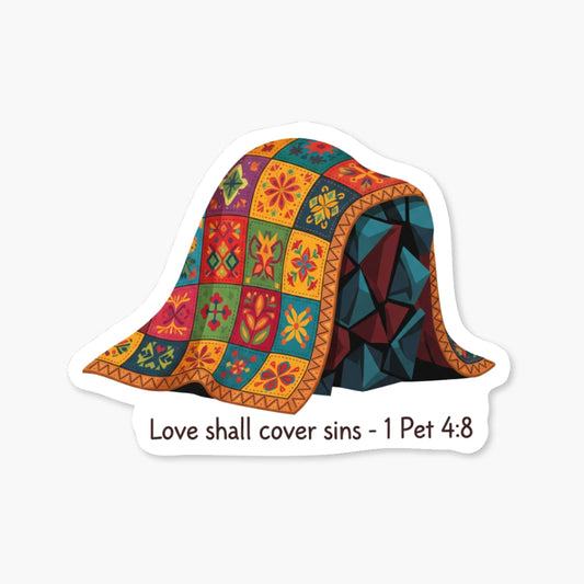 Christian Bible Verse Sticker - 1 Peter 4:8 Love Quilt Folk Art