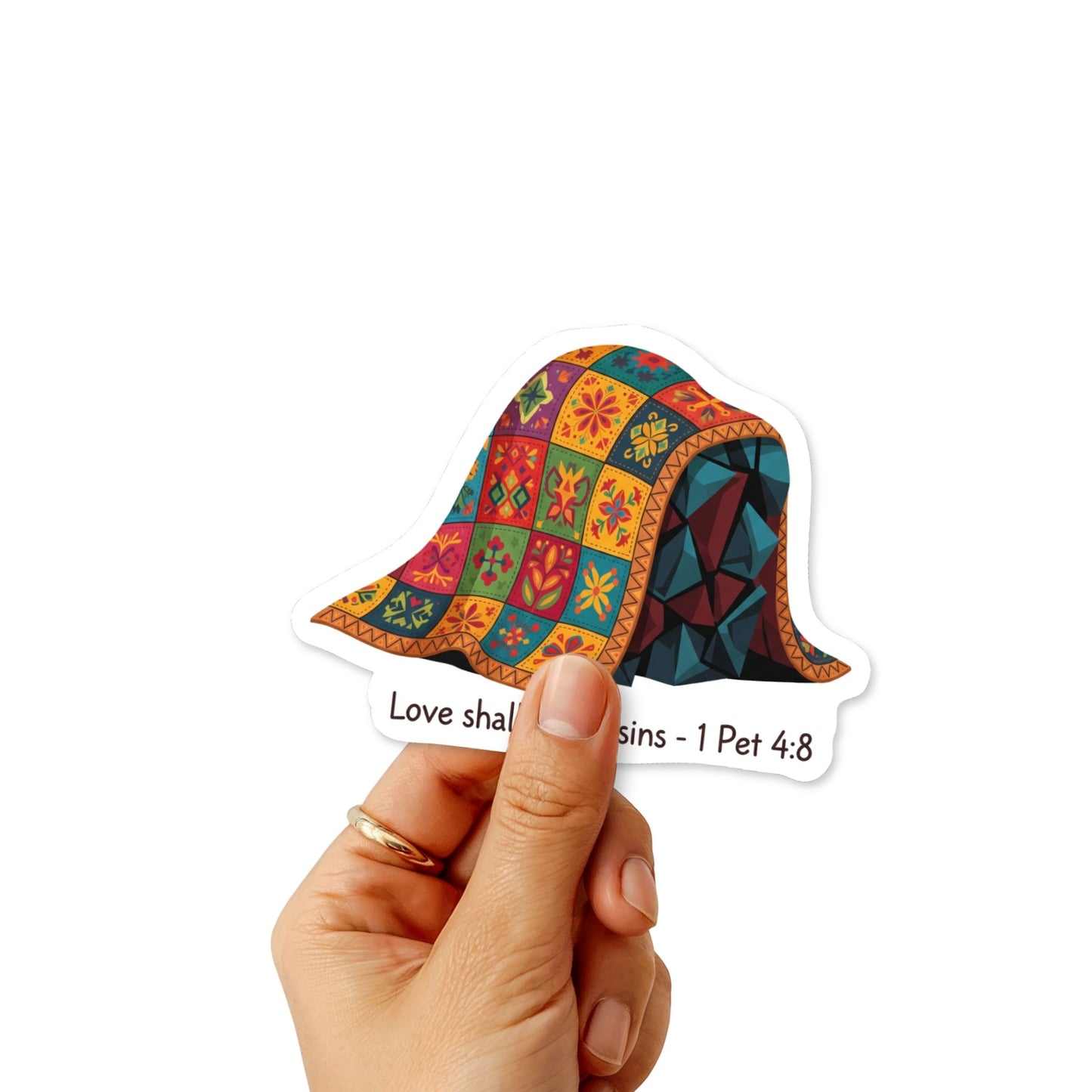 Christian Bible Verse Sticker - 1 Peter 4:8 Love Quilt Folk Art