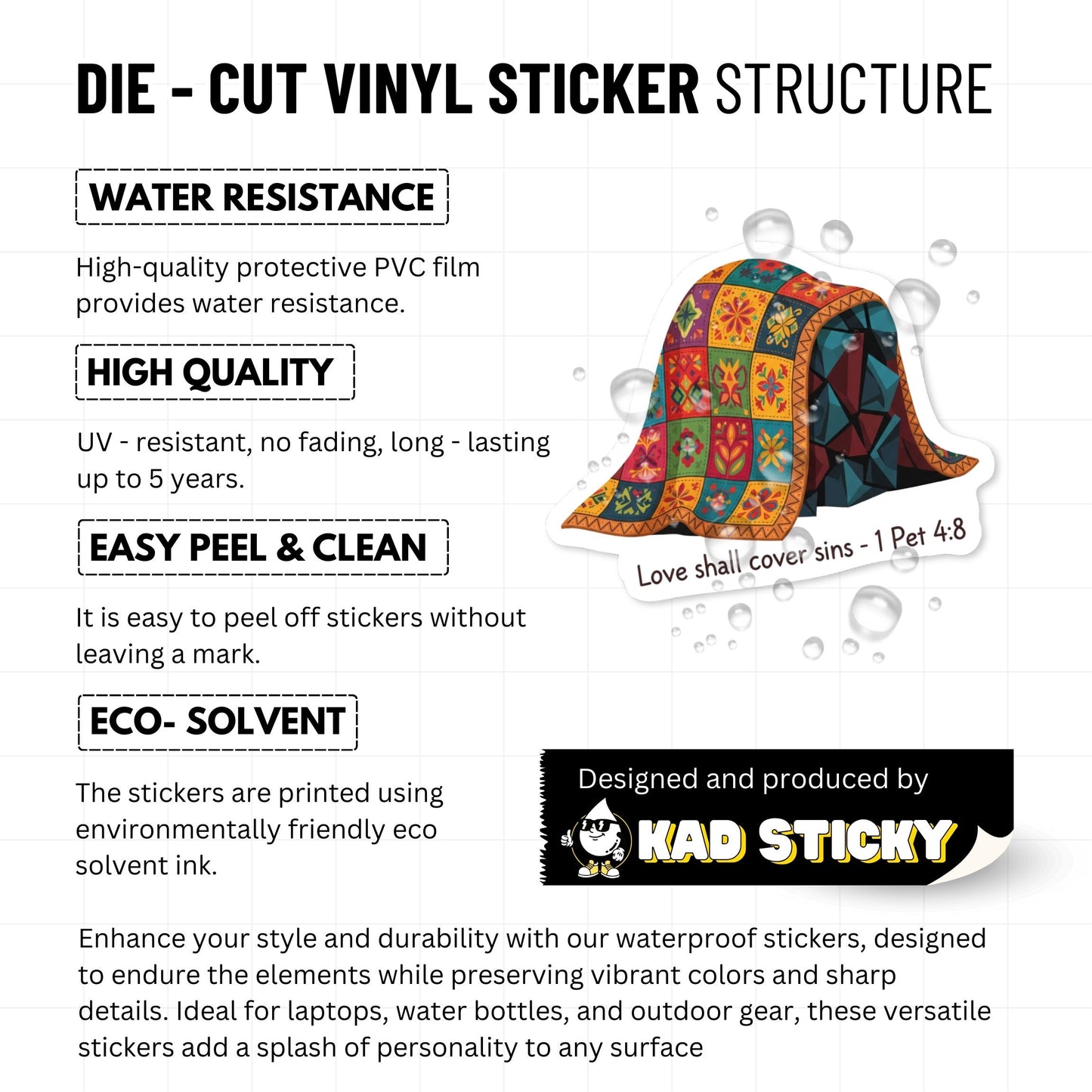 Christian Bible Verse Sticker - 1 Peter 4:8 Love Quilt Folk Art