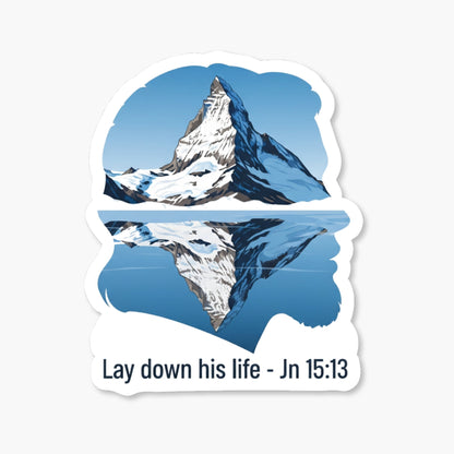 John 15:13 Scripture Sticker - Majestic Mountain Reflection Design
